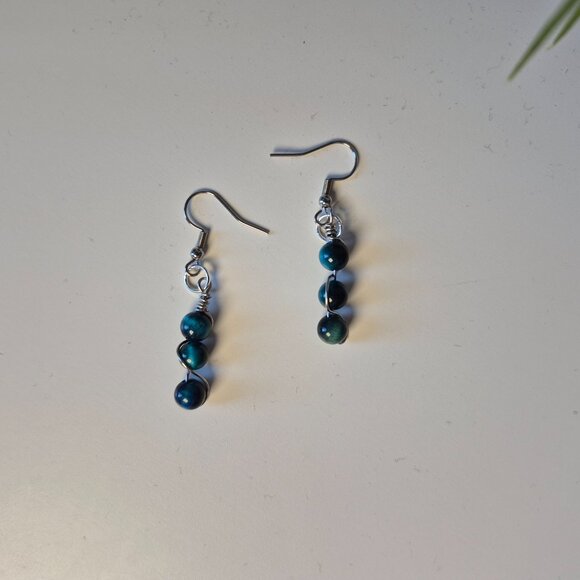 Wire-Wrapped Blue Tiger's Eye Dangle Earrings | Handmade - Picture 6 of 6